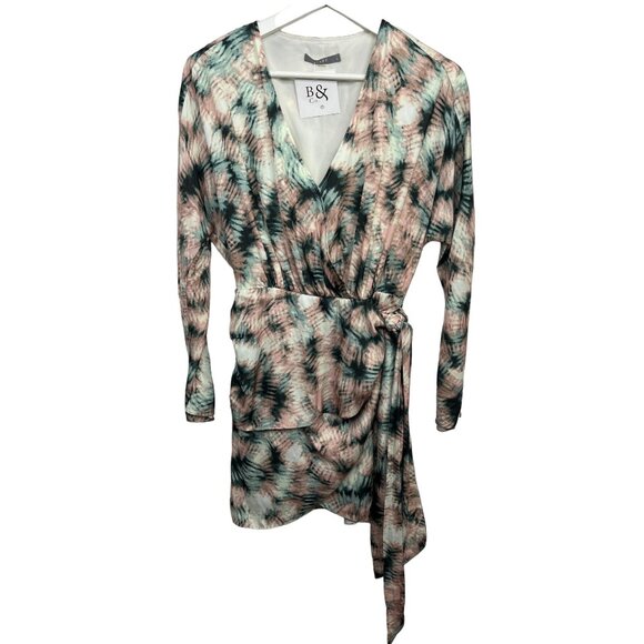 Tart Collections Wrap Dress Small Satin Tie Dye Mini Fall Style Pink Green - Picture 1 of 9